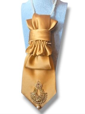 Gold Silk Folded Cravat Tie with Ornate Brooch
